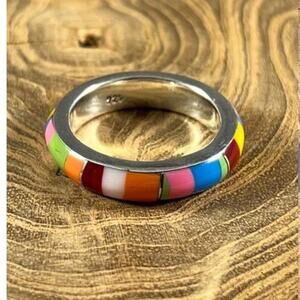 Sterling Silver Artisan Band Ring with Multicolored Resin Inlays